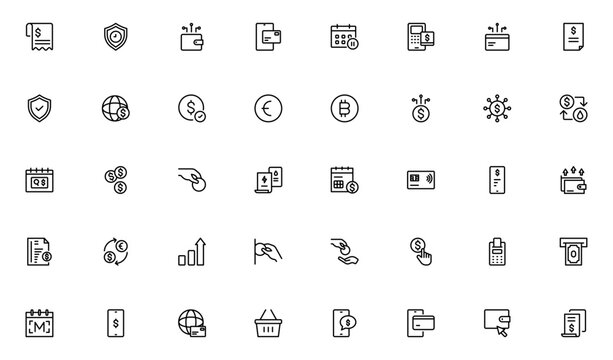 Bill and Payment Outline icon set. Containing finance related icons. bill, receipt, invoice, document, atm, cash, cryptocurrency, blockchain. Thin outline icons pack. Vector illustration