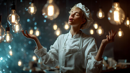 Young female chef with eyes closed, arms outstretched, enjoying the ambiance of warm Edison bulbs