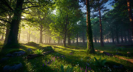 Sunlight filters through a serene forest landscape with lush greenery and vibrant wildflowers.