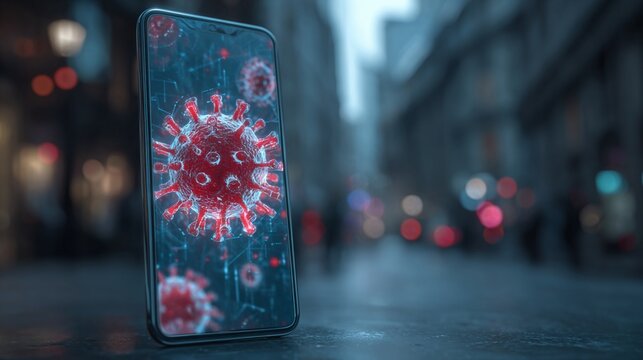 A smartphone displaying a digital representation of the COVID-19 virus, set against an urban backdrop, highlighting technology's role in health awareness and information sharing. - Powered by Adobe