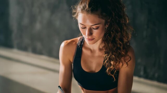 Fit woman in a sports bra and leggings records her exercise routine in a notebook at the gym. She demonstrates dedication and motivation in maintaining a healthy, active lifestyle