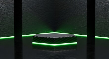 Hexagonal product display podium with glowing green neon lights in a dark futuristic studio for advertising technology showcase