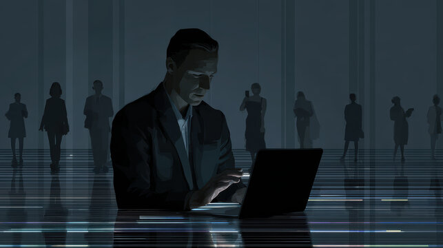 Dark technology background cyber security concept digital technology background cyber security business office laptop computer silhouette data