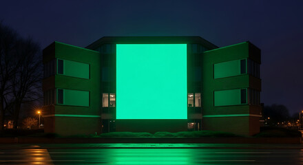 A large green screen building facade at night with a dark sky and reflective ground