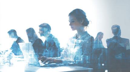 Business office teamwork technology corporate workspace people laptop modern business office with teamwork and technology concept double exposure