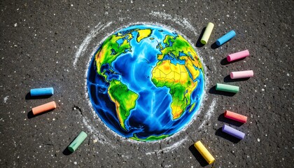 Colorful Earth Drawing on Pavement Surrounded by Chalk Pieces
