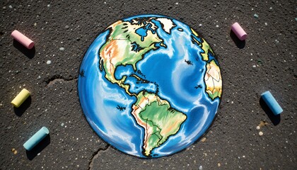 Colorful Earth Illustration with Chalk on Pavement Surface