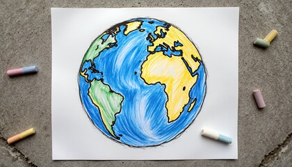 Childlike Drawing of Earth with Crayons on a Concrete Surface