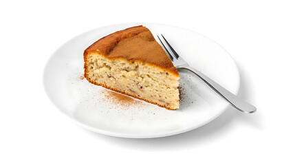 A slice of banana cake with cinnamon topping on a white plate, a fork beside it, isolated on white background.