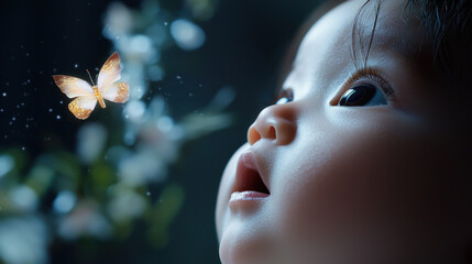 Baby eyes filled with curiosity gaze at glowing butterfly in magical, dreamy setting. soft lighting and gentle focus create sense of wonder and innocence