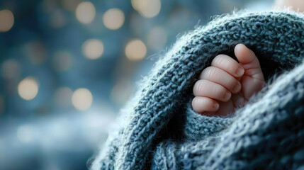 Tiny hand gently grasps soft, knitted blue blanket, creating cozy and heartwarming scene. background is softly blurred with warm bokeh lights, enhancing tender moment