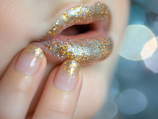 Sparkling lips adorned with gold glitter create glamorous and luxurious look, complemented by matching glitter on nails. close up captures shimmering texture and elegance