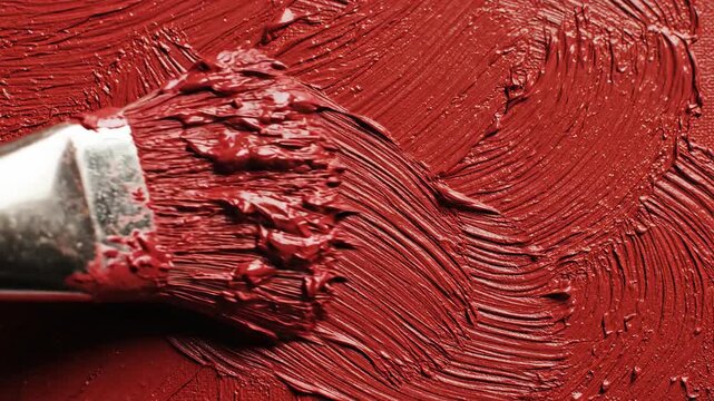 Close up of brush strokes on textured red paint surface
