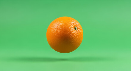 An orange floating in mid-air against a vibrant green background