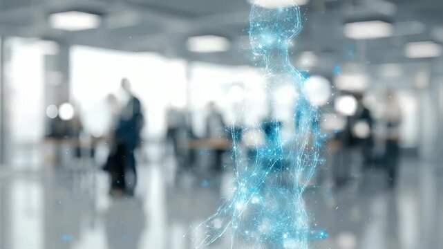 A translucent virtual human figure composed of digital particles appears in a contemporary office, symbolizing AI integration. The scene highlights advanced technology and workplace transformation