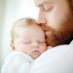 Tender moment captured as bearded parent lovingly holds sleeping baby close, showcasing warmth and affection. soft lighting enhances serene atmosphere