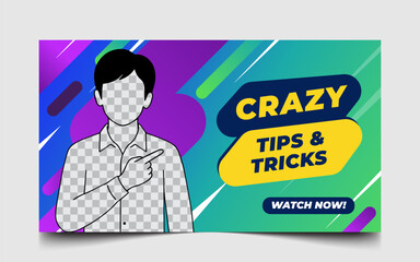 Creative Vector Banner for YouTube Tips and Tricks Video featuring Vibrant Green and Purple Slanted Geometric Shapes and Modern Typography for High Engagement Digital Content Creators