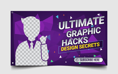 Professional YouTube Thumbnail Vector Illustration for Graphic Design Tutorials and Business Secrets featuring Modern Purple Abstract Geometric Background and Bold Silver