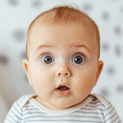 Surprised baby with wide eyes and open mouth wearing striped shirt, against soft focus background. expression is adorable and captures moment of wonder