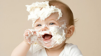 Joyful baby with messy face covered in whipped cream, smiling widely against neutral background. playful expression captures moment of pure delight and innocence