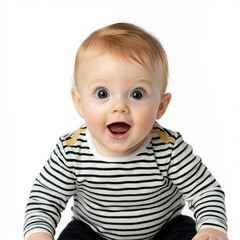Baby with wide eyes and surprised expression wearing striped shirt sits against white background. image captures moment of curiosity and innocence