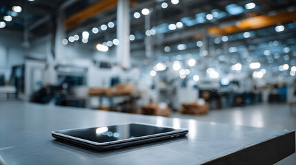 Tablet device resting on a metal surface in a modern factory with blurred background lights