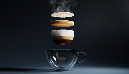 Conceptual deconstructed latte with floating layers of milk foam espresso and steam rising above glass cup on dark background showing creative beverage art style