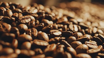 A captivating closeup shot revealing the rich texture and deep brown hues of freshly roasted coffee beans ready for grinding and brewing into a delicious beverage evoking the rich aroma and taste of .