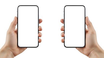 Two hands holding modern smartphones with blank white screens, ideal for displaying app interfaces or digital content against a clean, isolated background for presentations and mockups