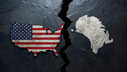 A cracked map of the United States and Africa on a dark