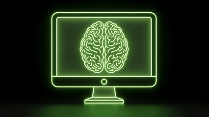 A glowing neon computer monitor displays an illuminated brain symbolizing the intersection of technology and cognitive function