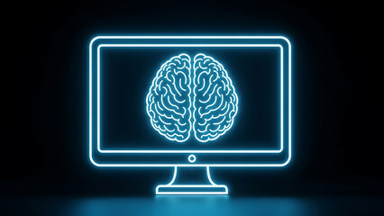 A glowing computer monitor displays a neon blue illustration of a human brain suggesting artificial intelligence concepts