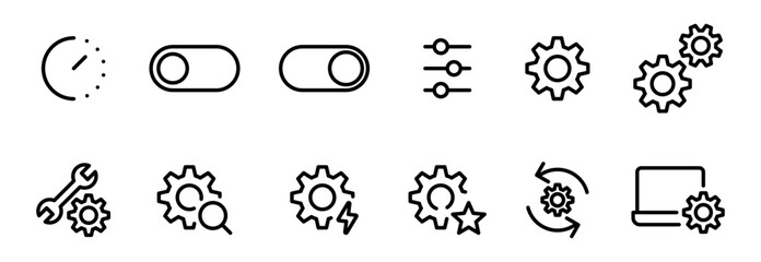 system settings icons including toggles, sliders, sync, gears, sliders, repair, tools, and controls for UI, apps, and dashboards. editable stroke