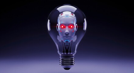 Robotic head inside a lightbulb, concept of artificial intelligence.