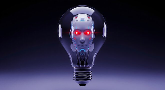 Robotic head inside a lightbulb, concept of artificial intelligence. - Powered by Adobe