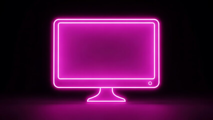 A vibrant pink neon outline of a modern computer monitor stands against a dark shadowy backdrop emitting a glowing light