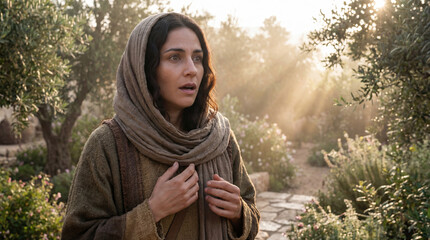 Mary Magdalene looking with amazement in a garden at sunrise. Biblical scene of the Resurrection morning and discovering the empty tomb. Religious concept of Easter and witnessing the miracle.