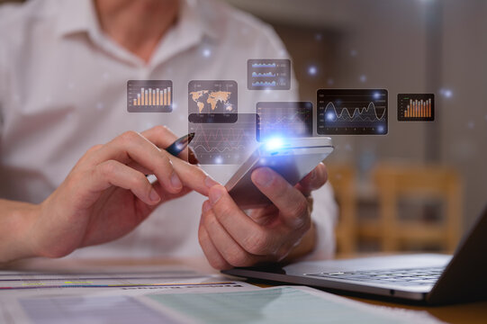 investment stock market data analysis concept, businessman using smartphone analyst virtual trading graph, trading online, financial mobile application platform - Powered by Adobe