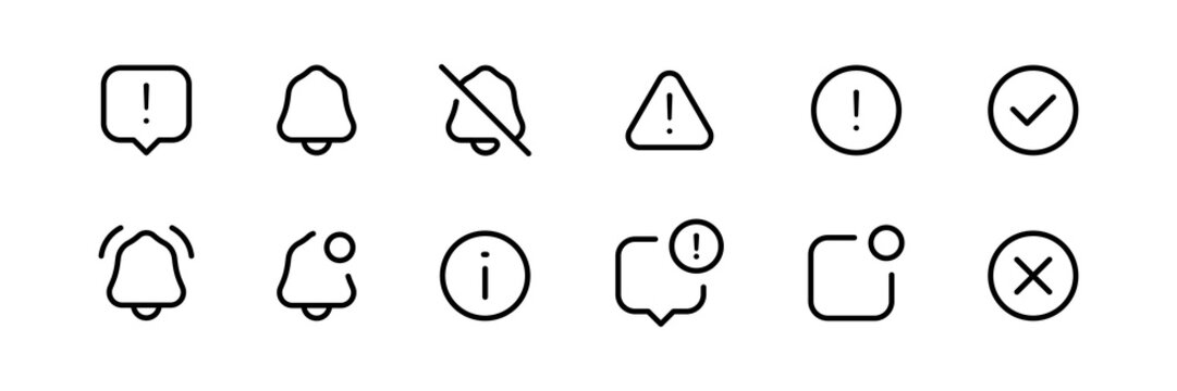 Editable stroke alert and notification icon set with bells, warnings, info, success, and error symbols for UI apps and website
