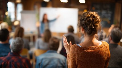 Medium shot capturing a seminarstyle holistic wellness session focusing on a presenter gesturing toward a whiteboard while the audience listens attentively out of focus.