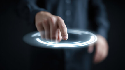Digital literacy concept with hand interacting on futuristic glowing circle interface in dark background