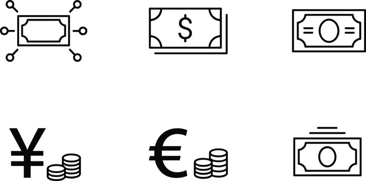 Professional global currency icon set featuring dollar euro and yen bank notes and coins for financial transactions.
