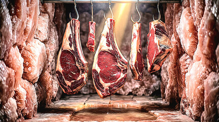 Premium beef ribeye cuts hanging in a Himalayan salt brick aging room. Professional dry-aging process in a salt cellar with dramatic lighting for gourmet steak production.