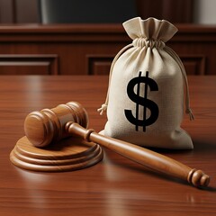 Justice and Finance - Gavel and Money Bag on Wooden Table.