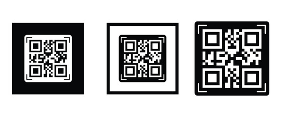 Fototapeta premium Three bold black square frames, each containing a classic black and white QR code pattern. Clean, minimalist vector design arranged horizontally on transparent background. Ideal for tech branding.