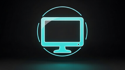 A glowing teal computer monitor icon is showcased against a stark black background highlighted by a circular framing element