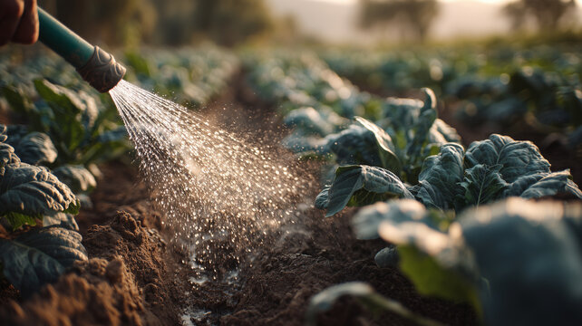 View of fertilizing plants by watering and fertilizing vegetables in the field.