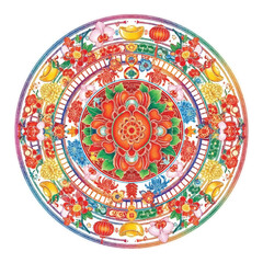 Naklejka premium Intricate colorful mandala plate design with floral patterns and symmetry.