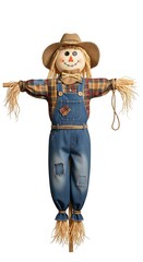 Whimsical Scarecrow in Overalls and Hat, Standing Tall.