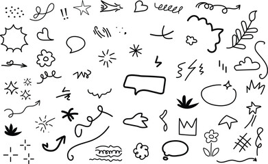 Cute line sketch star, arrow, heart decoration element icon set. Hand drawn sketch doodle cute star, emphasis, flower element. Pen line text decoration shape icon. Hand drawn vector